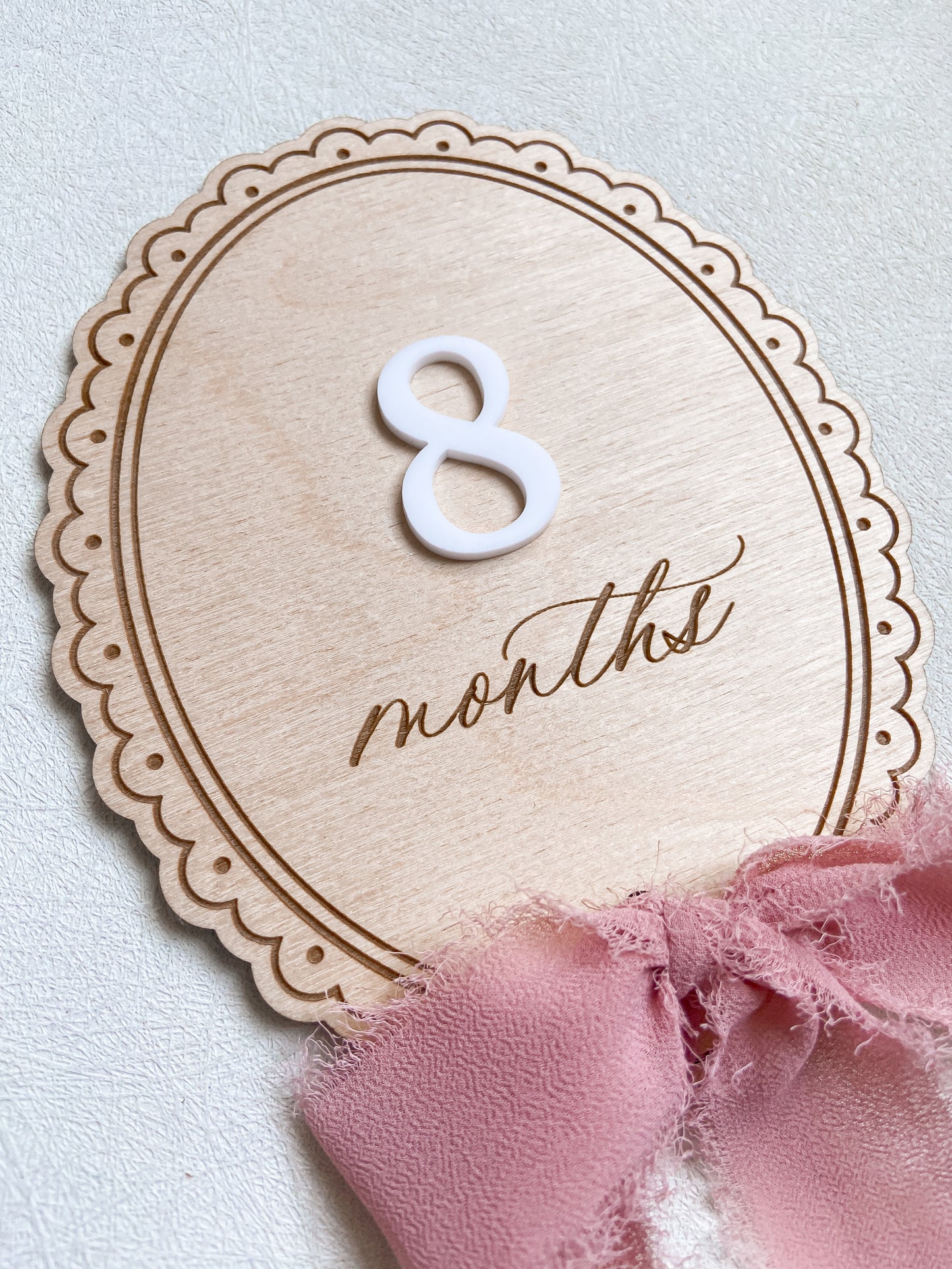 Wood Baby Monthly Milestone with Ribbon - Scalloped