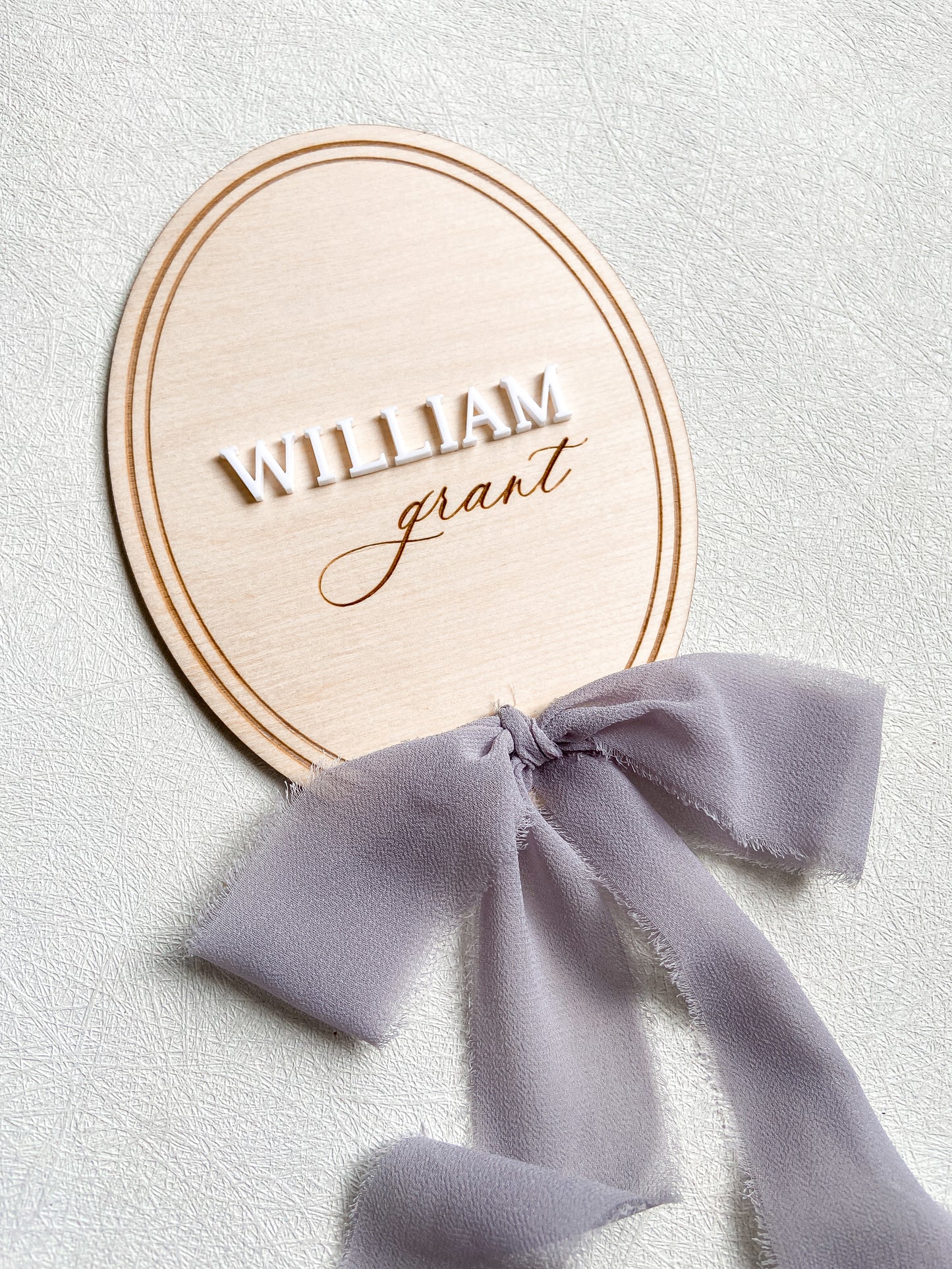 Wood Baby Name Announcement with Ribbon - Oval
