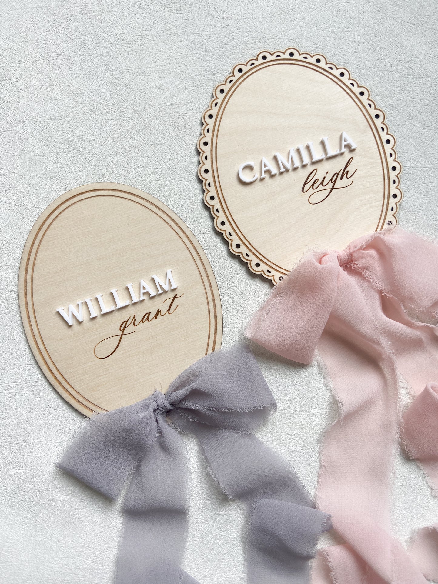 Wood Baby Name Announcement with Ribbon - Oval