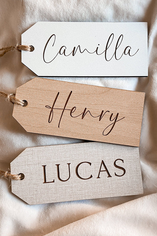 wood engraved personalized stocking tags