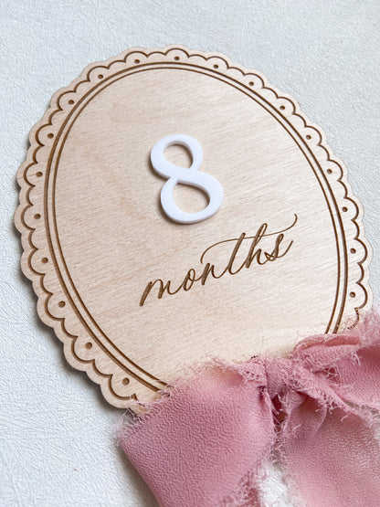 Wood Baby Monthly Milestone with Ribbon - Scalloped