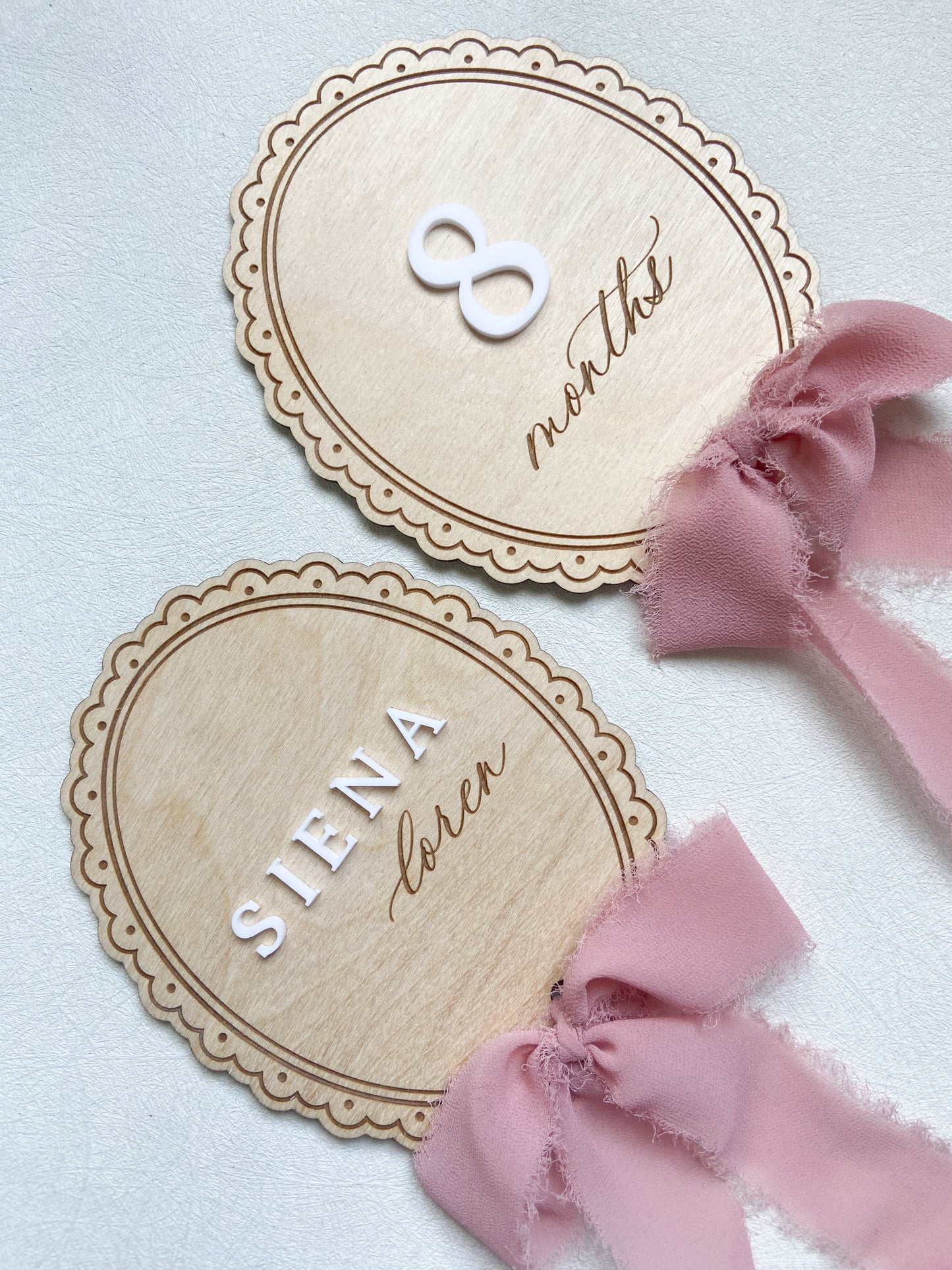 Wood Baby Monthly Milestone with Ribbon - Scalloped