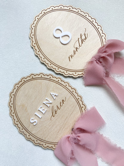 Wood Baby Monthly Milestone with Ribbon - Scalloped