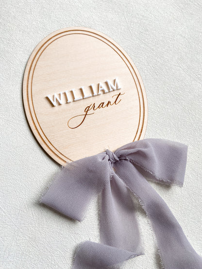 Wood Baby Name Announcement with Ribbon - Oval