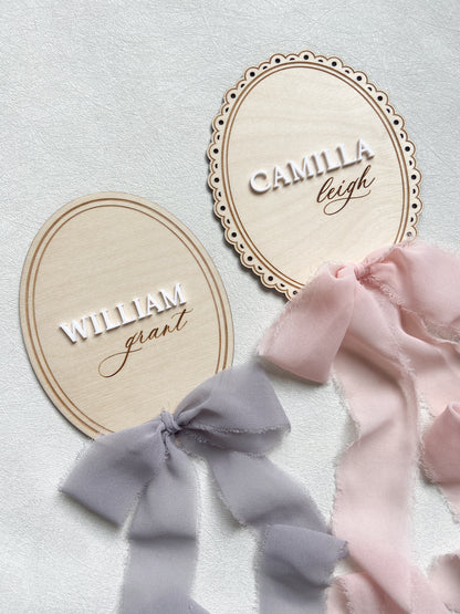 Wood Baby Name Announcement with Ribbon - Oval