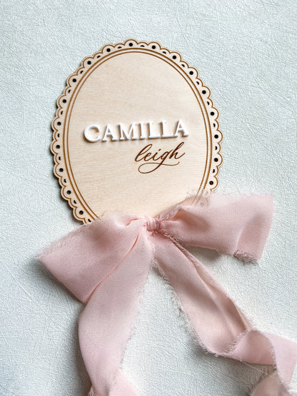 Wood Baby Name Announcement with Ribbon - Scalloped Edge